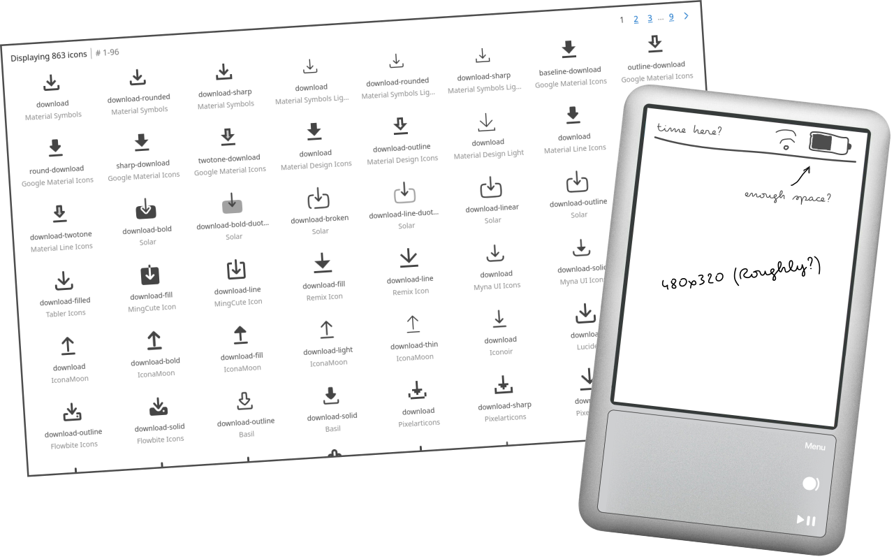 Two images side by side, one shows a series of the same download icon, they are all big. The second shows a mockup of an audio player device. There are notes written on the image describing the small screen at 480p resolution and lack of space for icons.
