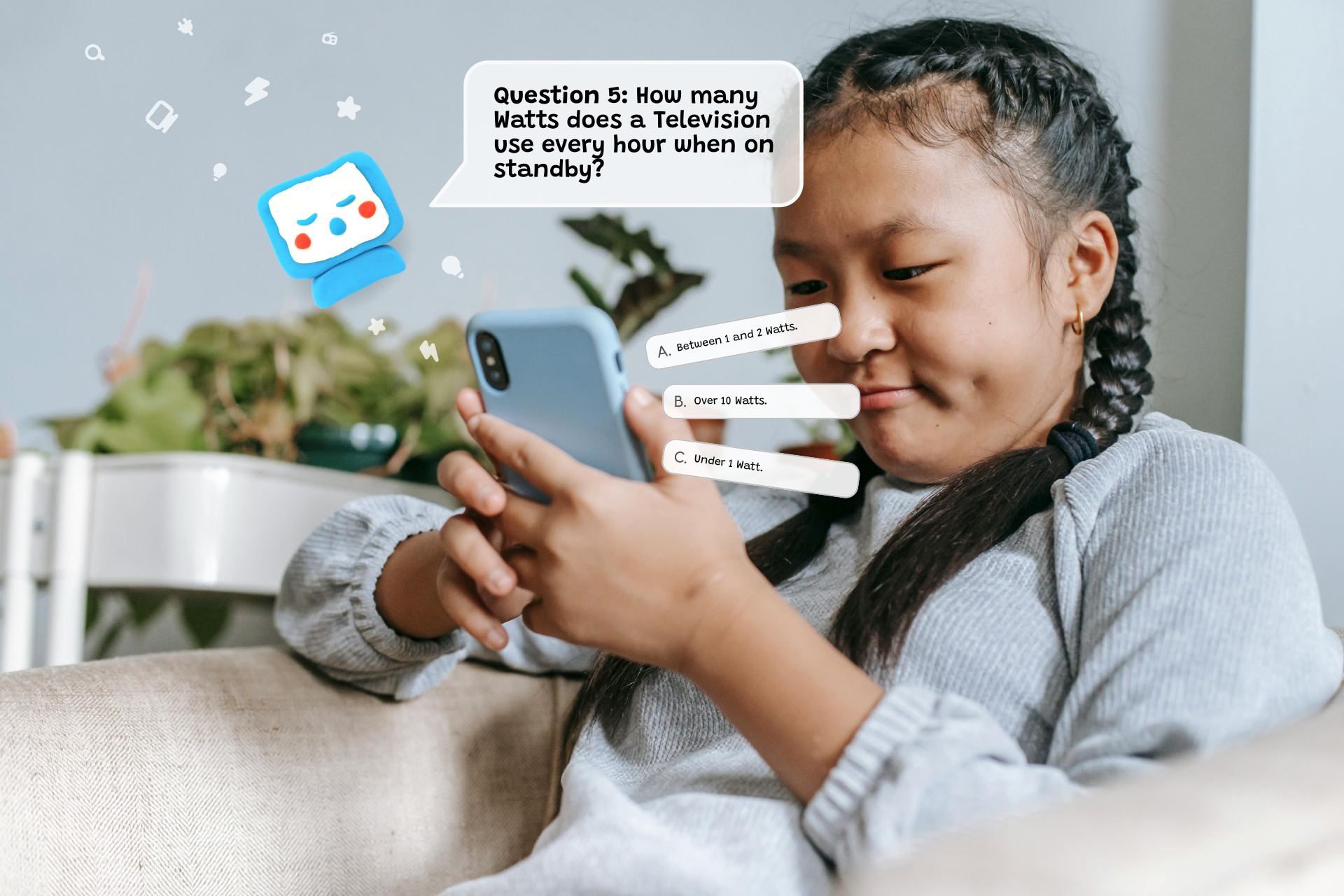 A hero image. A child uses a phone. Graphics are popping out of the phone representing a typical question a kid might encounter using energy critters.