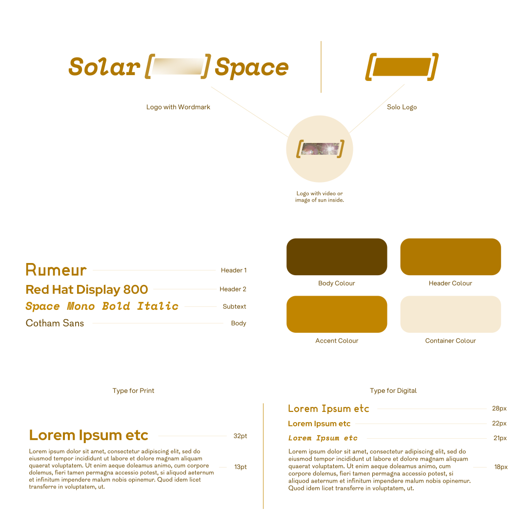 The project's brand guidelines. The top features the logo, with a space inbetween 'Solar' and 'Space' that can contain images or video to represent solar energy. There is also a list of different fonts used and a set of colours.