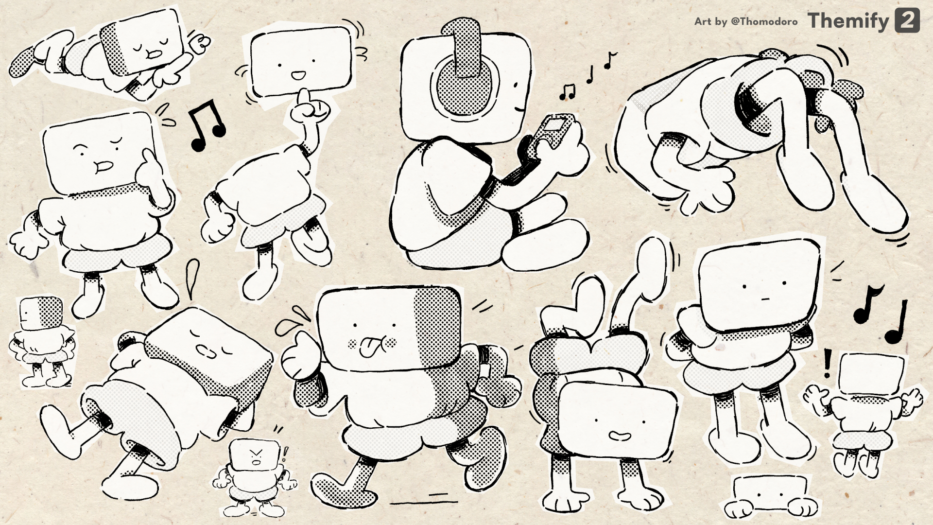 A small, squishy mascot. He looks like if an iPod was turned into a boy by a wizard. The image features many different poses and expressions.