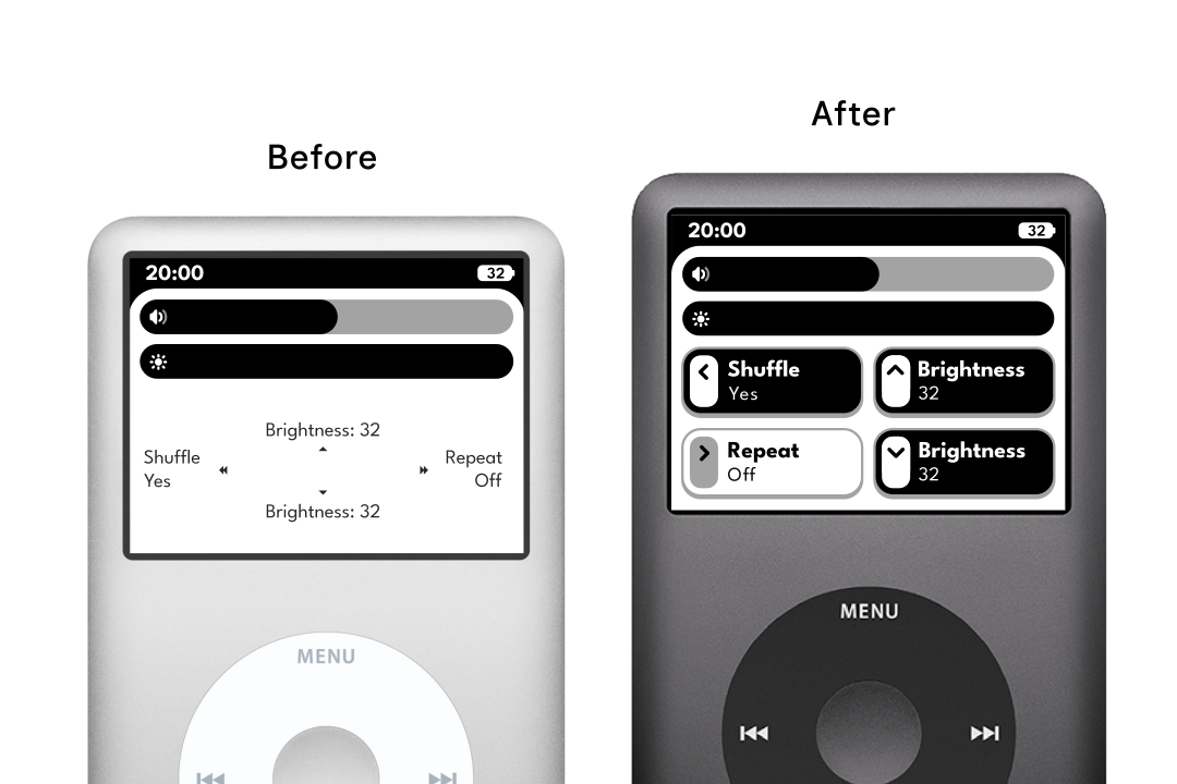 On the left is the old quicksettings appearance, it lacks any visual feedback to the user bar a plain text setting output. The right shows the new appearance, each quicksetting has it's own button like style with clear feedback on the state of each setting.